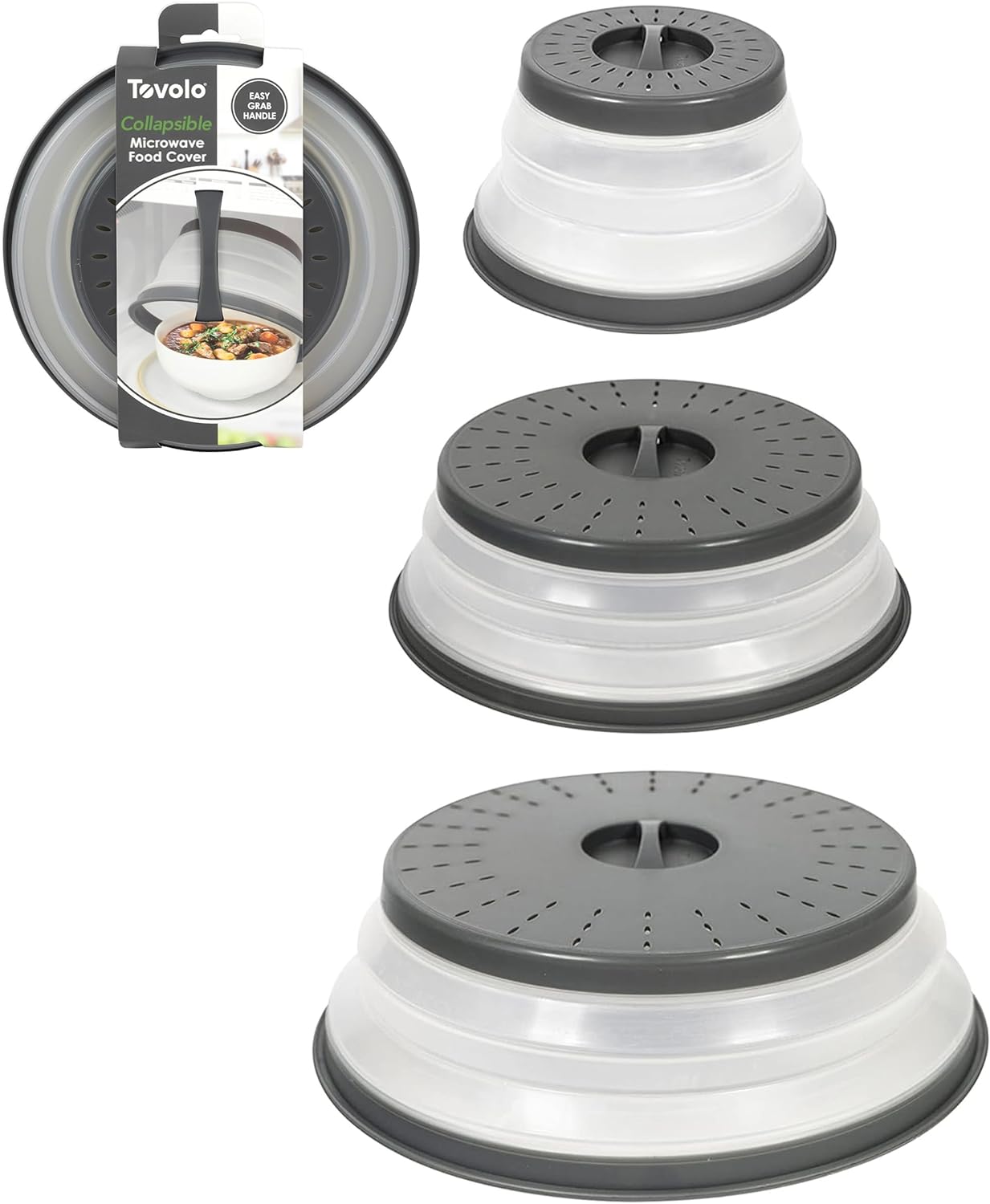 Tovolo Microwave Splatter Cover for Food, 3-Pack (Charcoal) - Collapsible & Vented Silicone Splatter Guard Lid - Microwave Plate & Dish Cover with Handle - BPA-Free Kitchen Gadget for Meal Prep