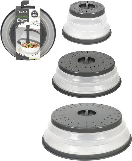Tovolo Microwave Splatter Cover for Food, 3-Pack (Charcoal) - Collapsible & Vented Silicone Splatter Guard Lid - Microwave Plate & Dish Cover with Handle - BPA-Free Kitchen Gadget for Meal Prep