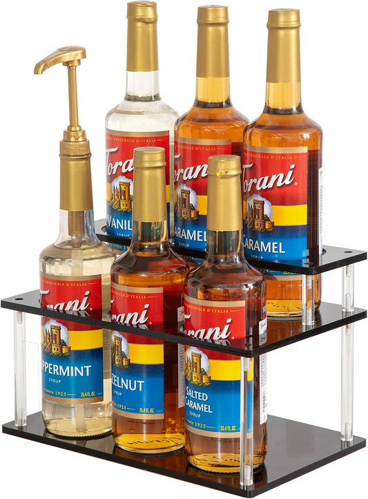 Acrylic Coffee Syrup Organizer, 2 Tier Coffee Syrup Rack (6 Bottle Capacity), Syrup Bottle Holder Stand for Coffee Bar, Kitchen Countertop Syrups, Condiments and Wine (Black)