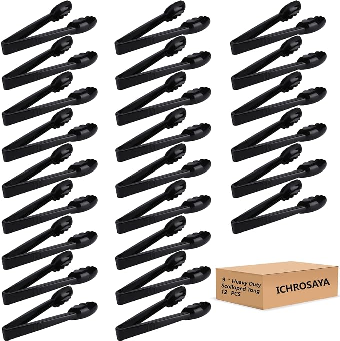 Plastic Tongs for Kitchen, Disposable Utensils Set, 12 Pieces, 9 Inch Heavy by ICHROSAYA