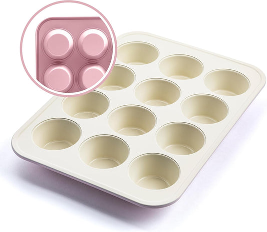 GreenLife 12-Cup Muffin Pan, Healthy Ceramic Nonstick Bakeware, PFOA & PFAS-Free Cupcake Sheet, Durable, Versatile Kitchen Essentials, Easy Clean Muffin Mold, Pink