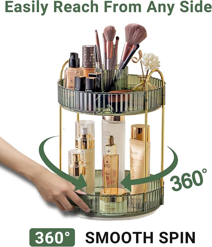 Asayuee 360 Rotating Makeup Organizer, 2 Tier Large Capacity Make Up Organizers - Image 3