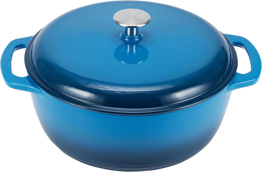 Amazon Basics Cast Iron Dutch Oven Pot with Lid, Enameled, Round, Dual Handles, Heavy-Duty, Large, 7.3-quart, Blue