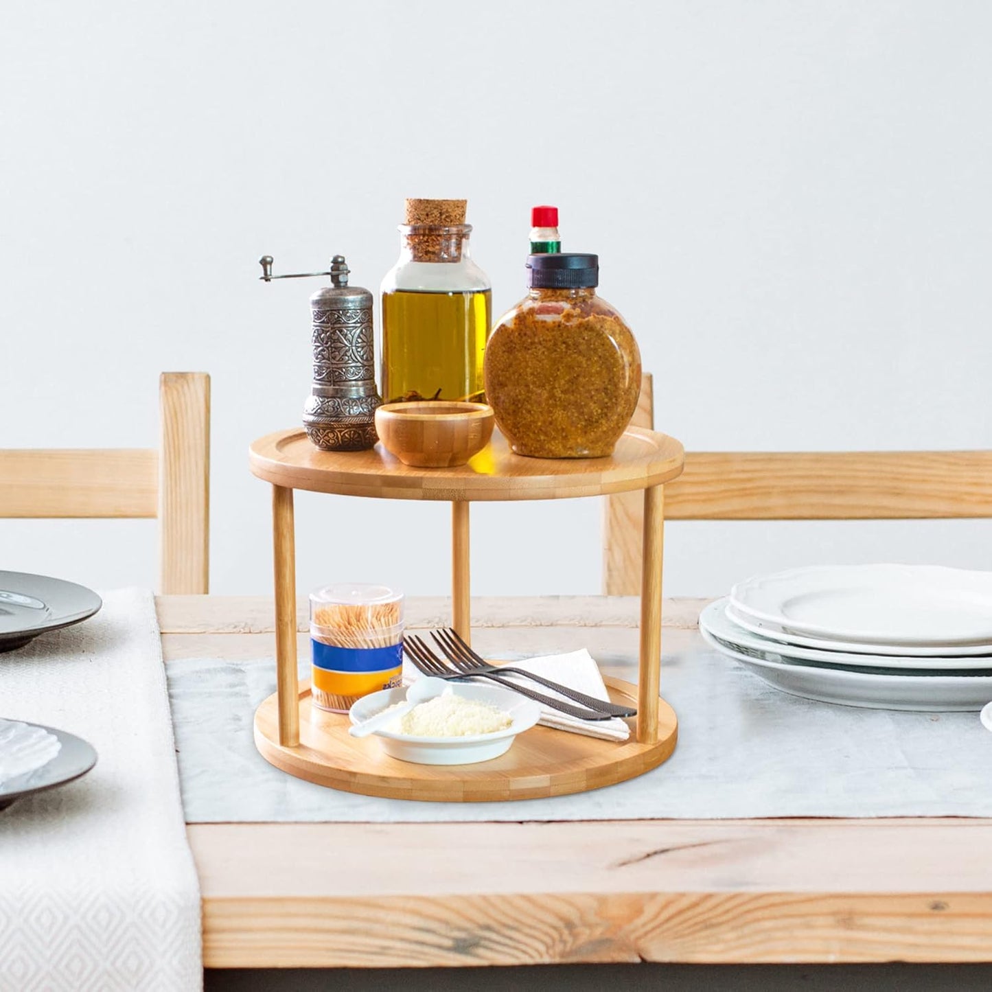 Two-Tier Bamboo Wood Lazy Susan Organizer Kitchen Turntable for Cabinet, Table or Pantry Organization