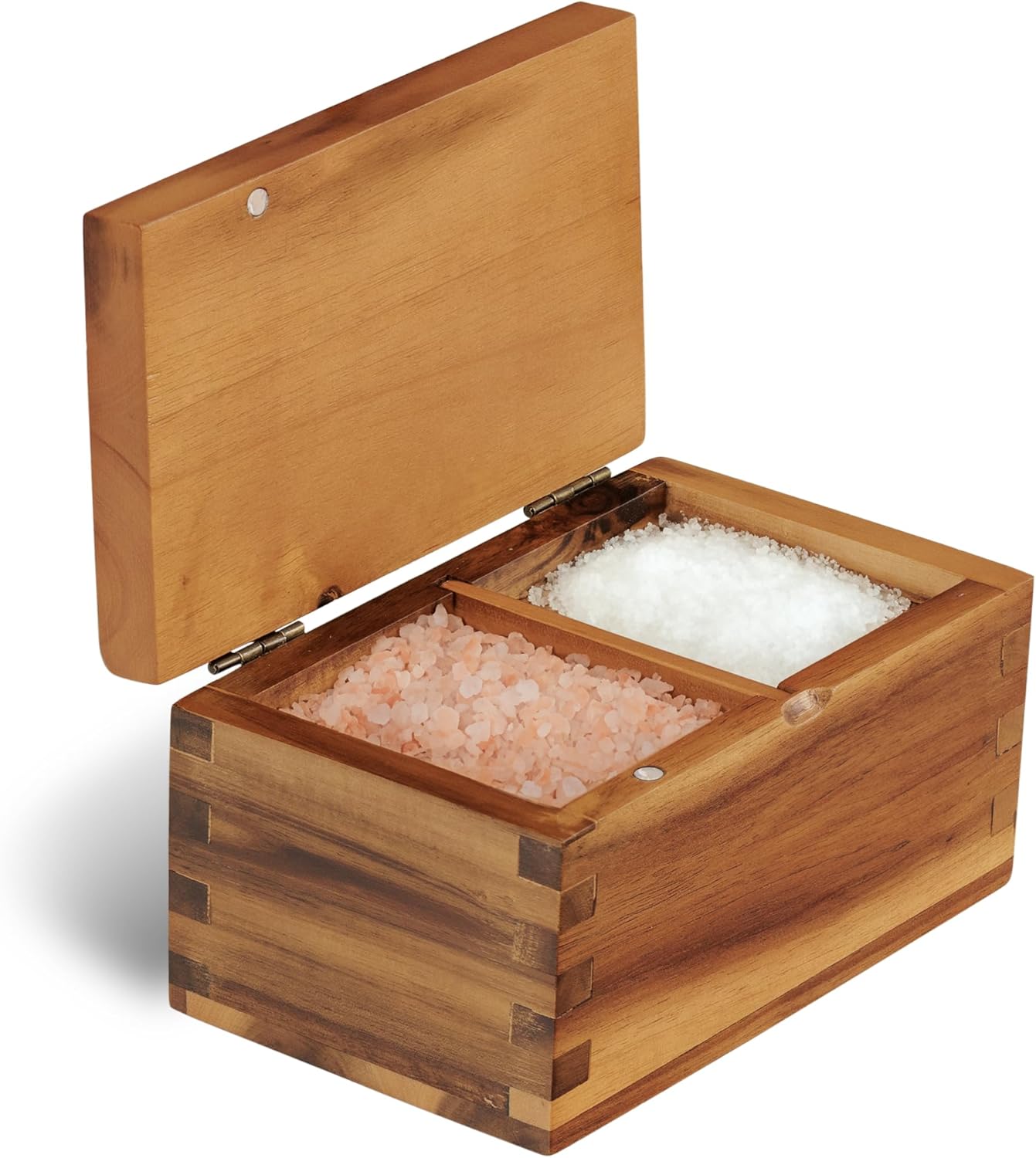 Demigo Acacia Wood Salt Cellar with Magnetic Flip Lid - 20 oz Large Capacity Salt Box for Kitchen - Keeps Spices, Herbs & Seasonings Fresh (Natural Brown)