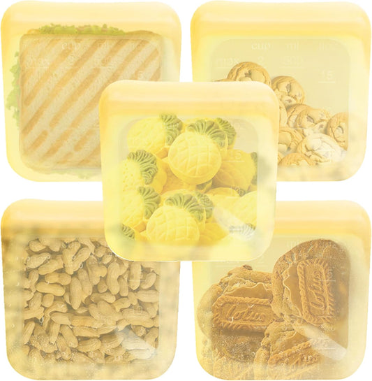 purifyou Set of 5 Reusable Silicone Storage Snack Bags 6oz / 16oz / 32oz / 64oz Self-Seal Food Storage Container for Fruits, Vegetables, Sandwiches, Dishwasher Safe & Leak-free (PastelYellow, 16oz)