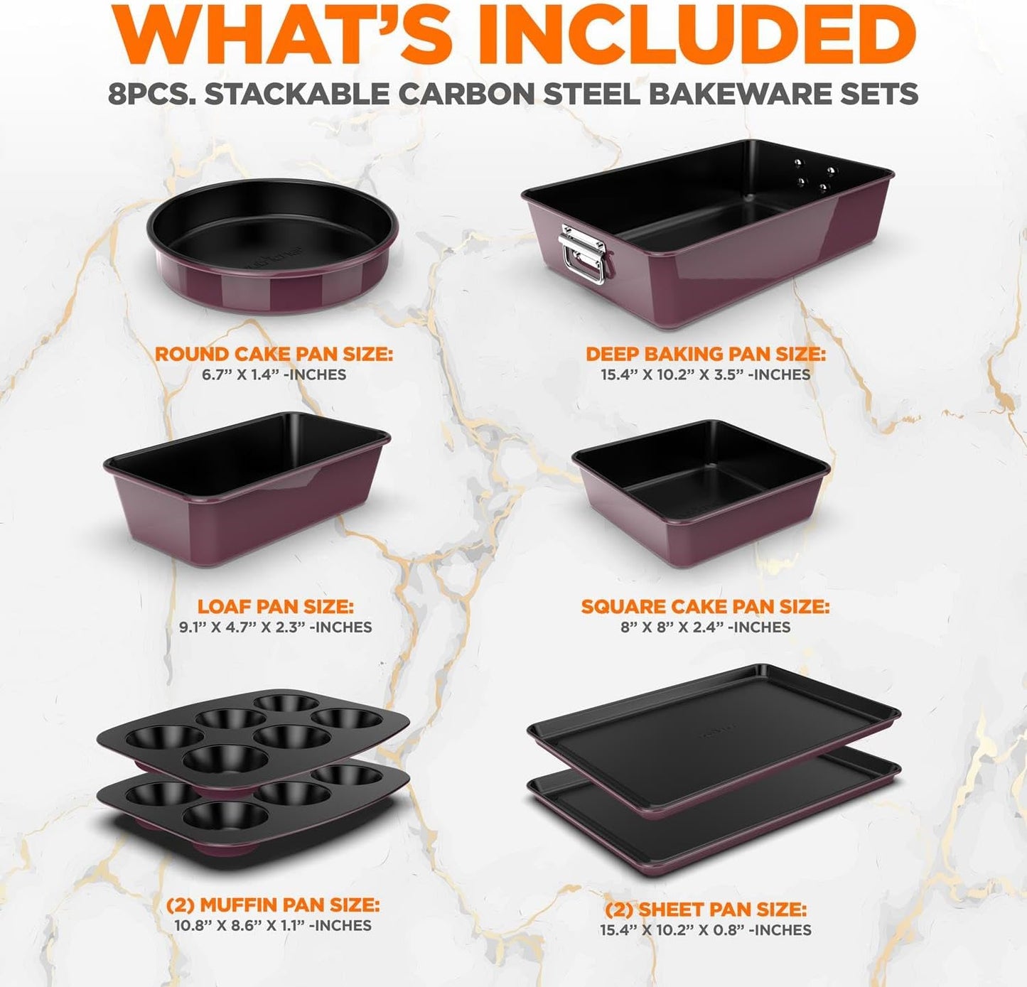 NutriChef 8-Piece Nonstick Stackable Bakeware Set - PFOA, PFOS, PTFE Free Baking Tray Set w/Non-Stick Coating, 450°F Oven Safe, Round Cake, Loaf, Muffin, Wide/Square Pans, Cookie Sheet (Plum)