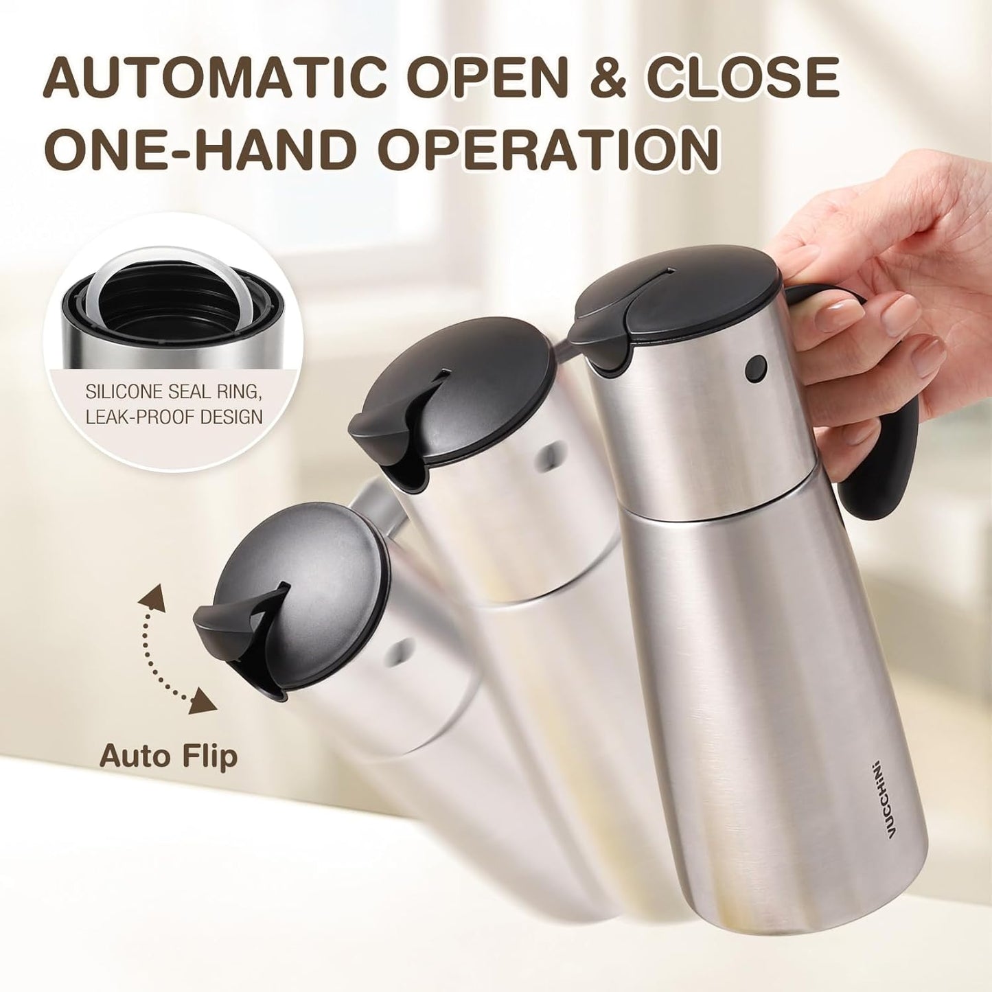 Vucchini Oil Dispenser Bottle Stainless Steel-Auto Flip Kitchen Oil and Vinegar Dispenser Set With Automatic Cap and Stopper - 12.8 oz Non-drip Spout Cruet Bottle