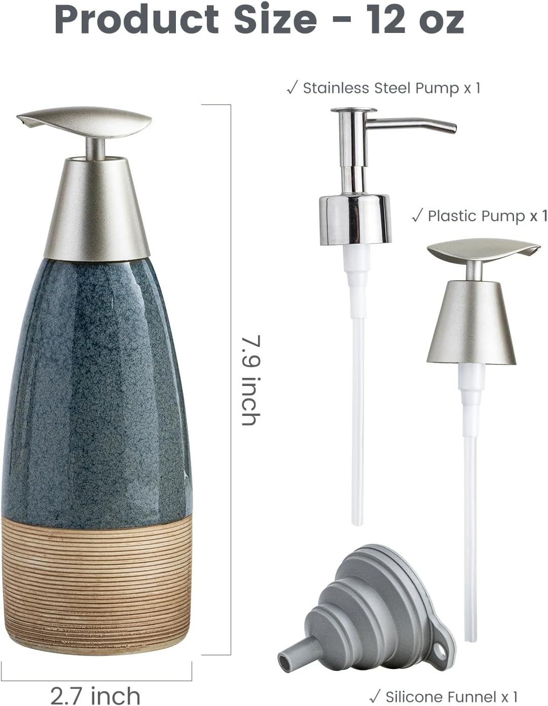 12 oz Dish Soap Dispenser with 2 Pumps, Ceramic Hand Soap Bottle for Shampoo, Body Wash, Lotion, Liquid Dispenser for Kitchen Countertop with Silicone Funnel, Blue