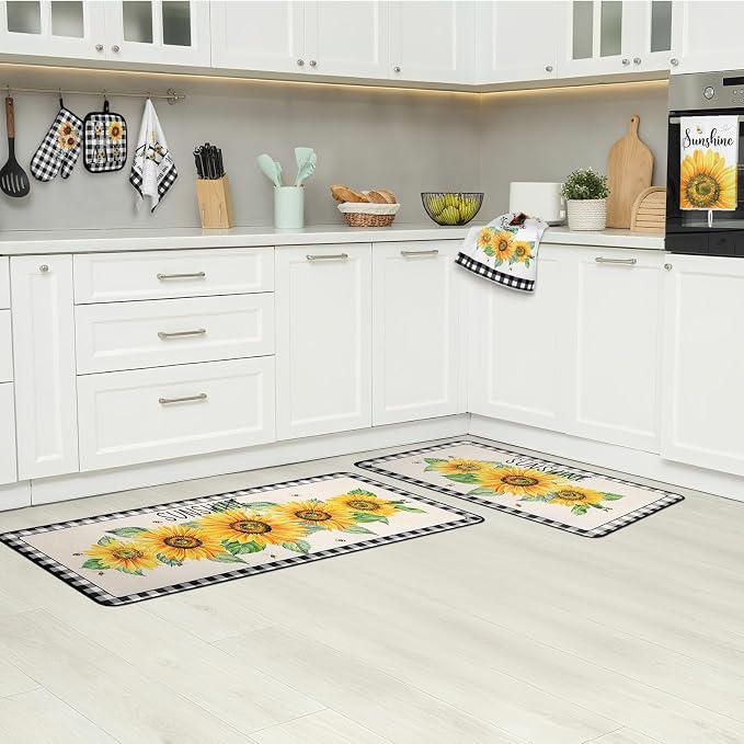 Fourluoo 10 Pcs Sunflower Kitchen Decor 4 Black and White Buffalo Plaid Dish - Image 7