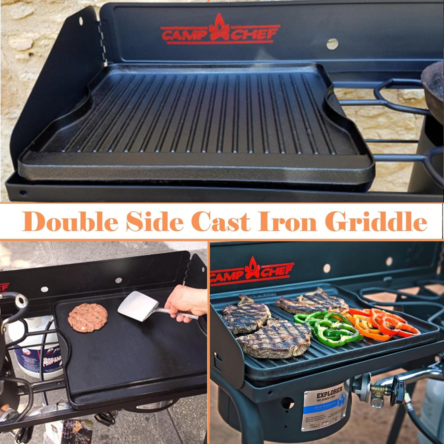 2-in-1 Reversible 14” x 16” Pre-Seasoned Cast Iron Cooking Griddle for Gas Stove/Charcoal/Electric/Propane/Gas Grill, Flat Griddle Top Plate for Camping Tailgating
