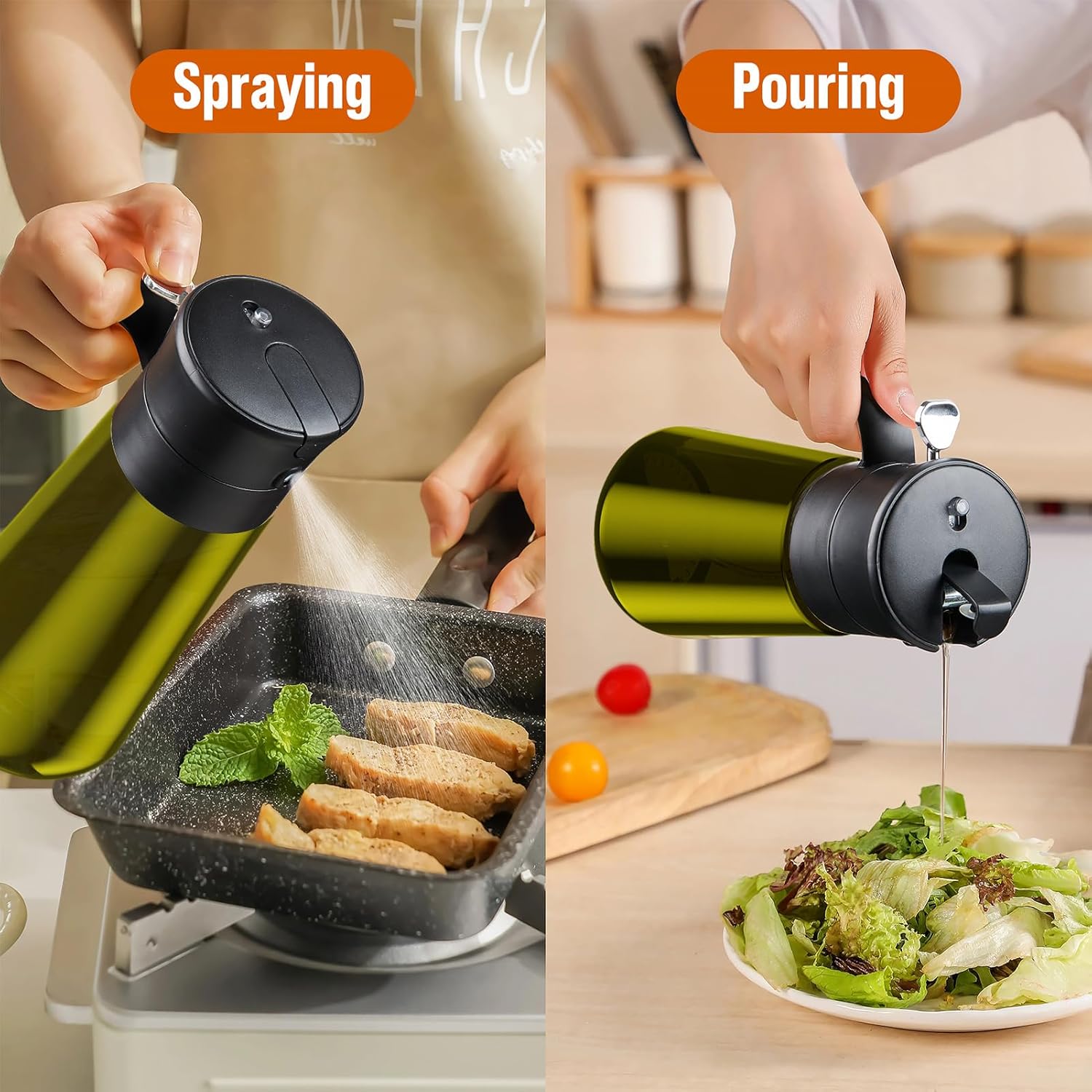 Glass Olive Oil Dispenser for Kitchen, 2 In 1 Oil Dispenser Bottle & Oil Sprayer for Cooking, Auto Flip Cap, 18oz Black (Light Blockage)