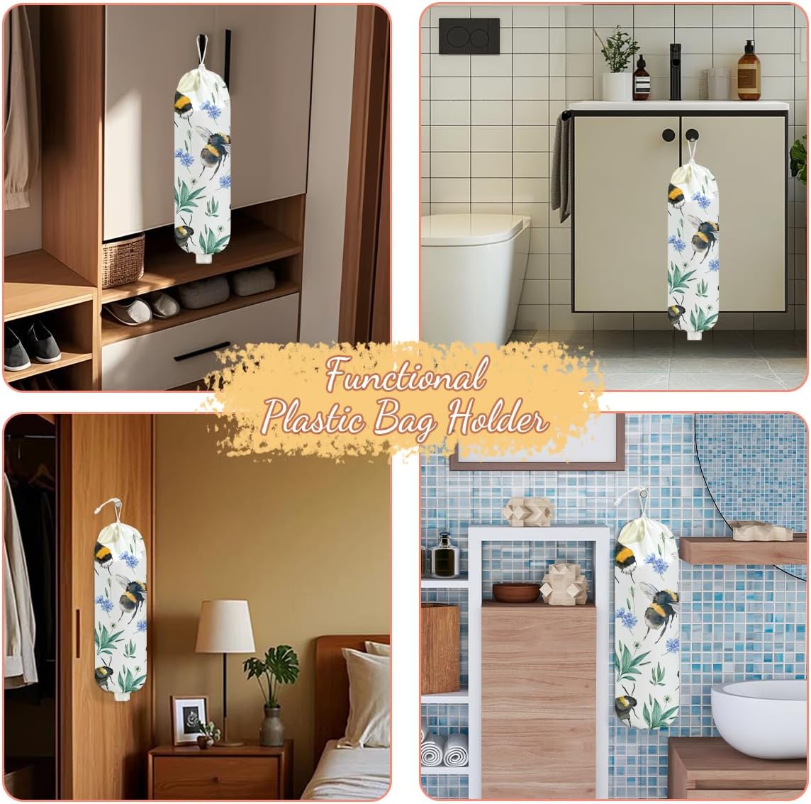 Bee Plastic Bag Holder, Wall Mount Grocery Bag Holder, Plastic Storage bag, Pull Rope Free Adjustment, Plastic Bag Holders for Grocery Bags, Plastic Bag Dispenser for Home Kitchen