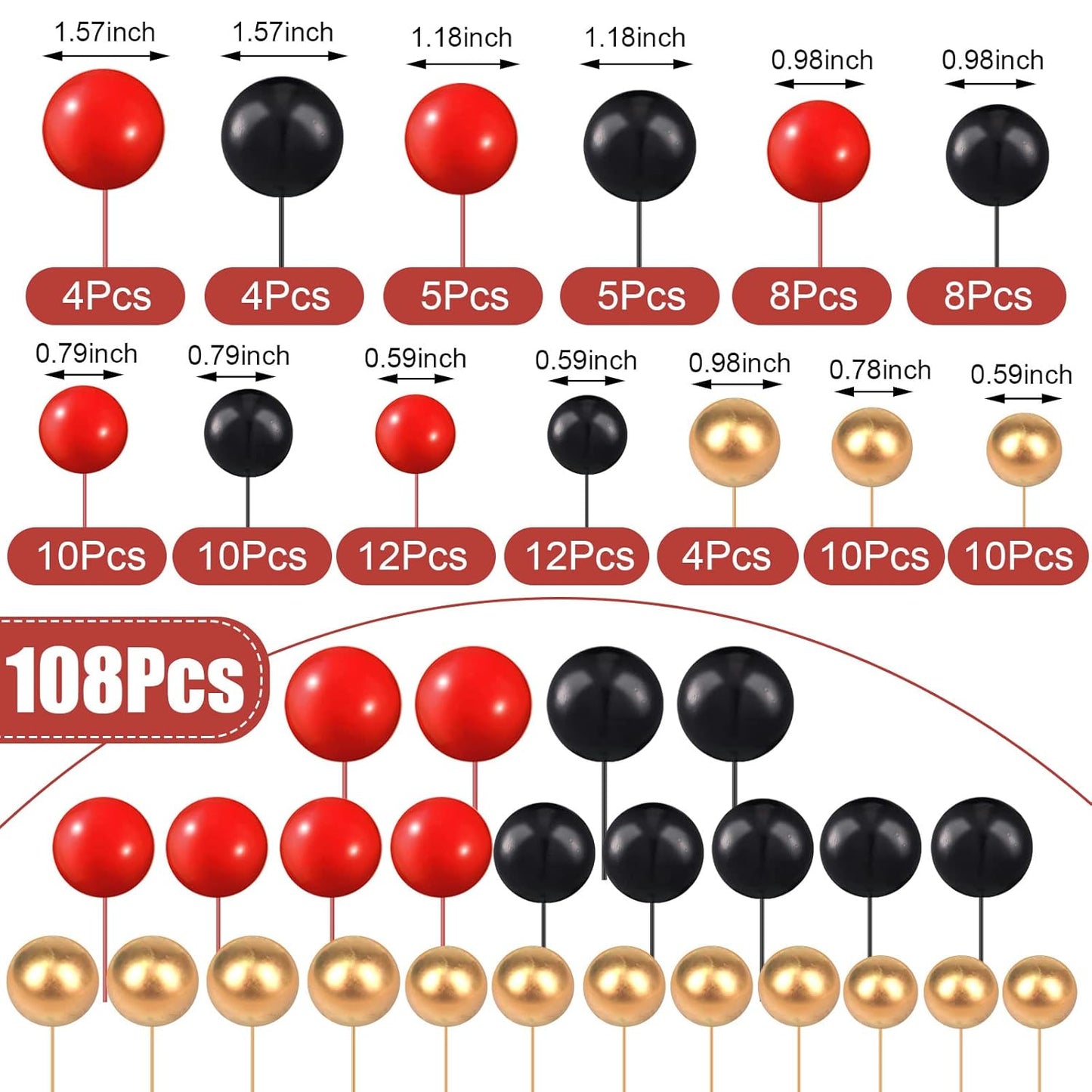 108 Pcs Balls Cake Topper DIY Cupcake Insert Foam Balloons for Cake Baking Wedding Anniversary Birthday Decoration(Red, Black, Gold,Multi Sizes)