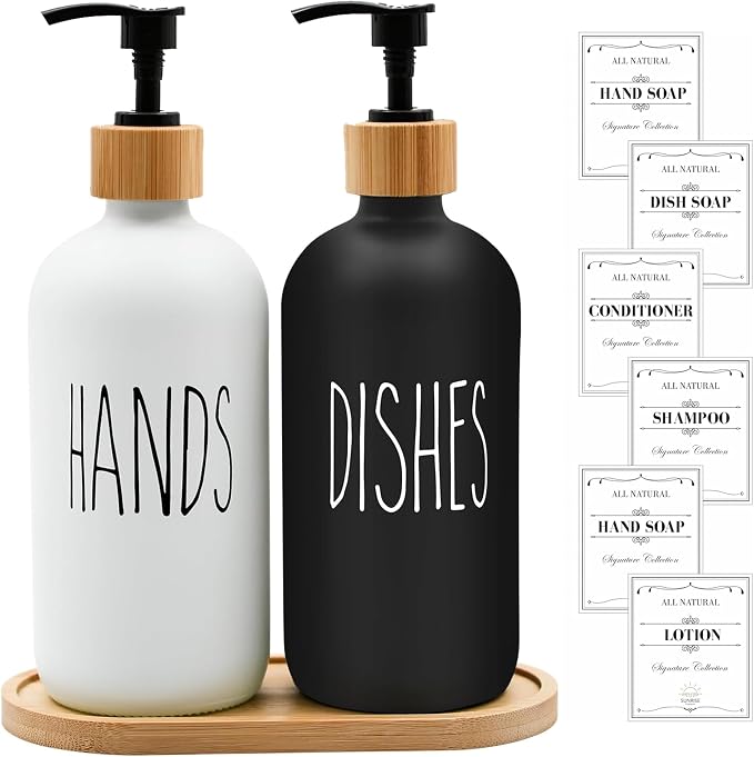 Sunrise Premium 16 OZ Thick White & Black Glass Soap Dispenser, Bamboo Pump - Image 7