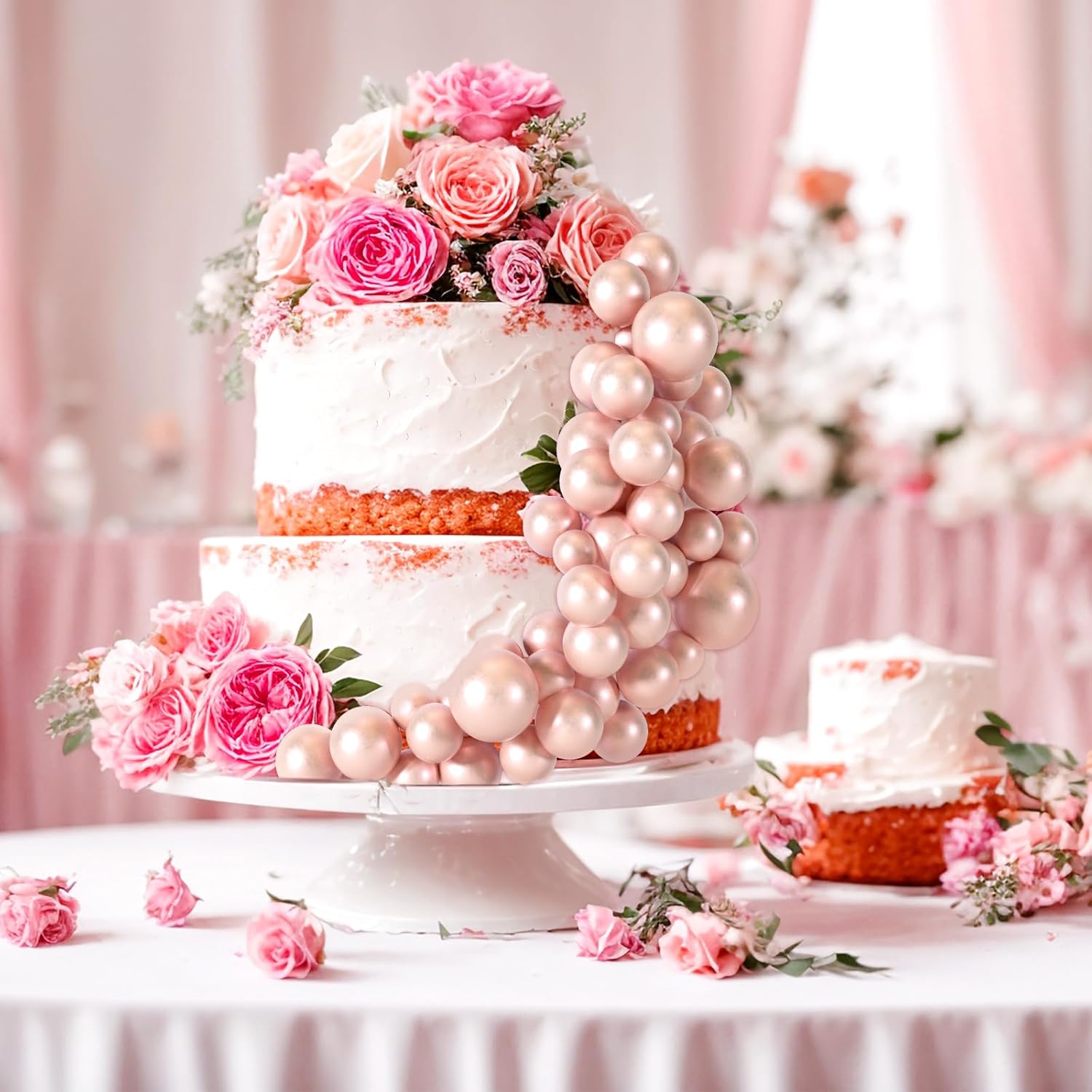 48 Pcs Balls Cake Topper Decorations Balloon Cupcake Toppers Foam Cake Topper Balls Cake Balls Decorations for Birthday Party Wedding Anniversary Cake Decorating (Rose Gold)