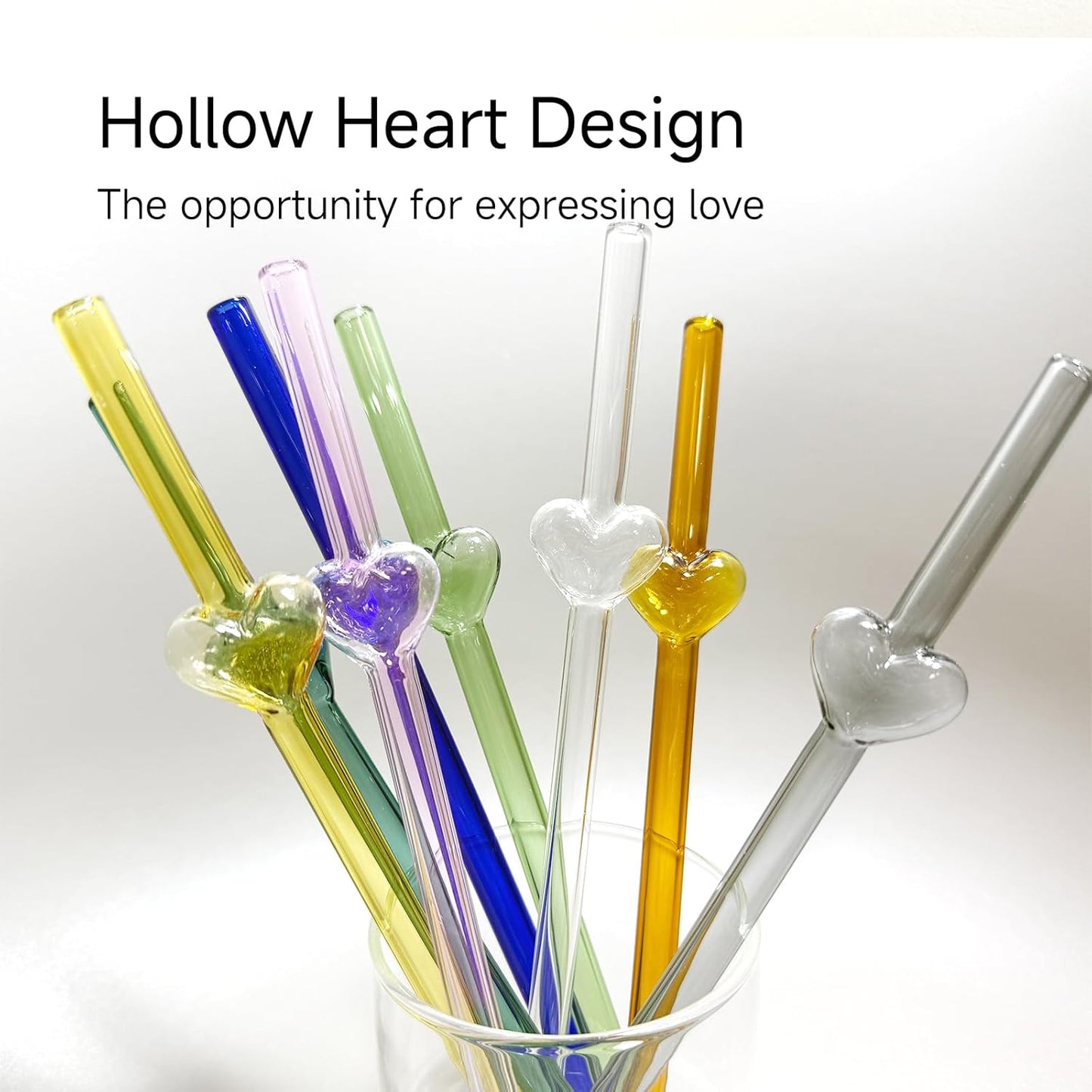 Glass Straws Sets Reusable Glass Straws with Hollow Heart Charms & 2 Cleaning Brush Colorful Heat Resistant Straw Home Drinking Decoration Gift For Girls