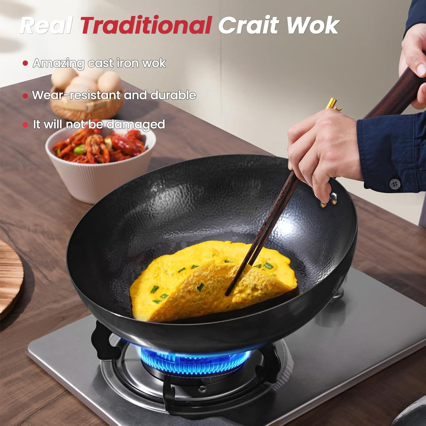 Carbon Steel Pan, 12.6″ Woks & Stir-Fry Pans with Wooden Lid Cookwares, Nonstick Wok, No Chemical Coated Round Bottom Hand Hammered Chinese Wok For Gas