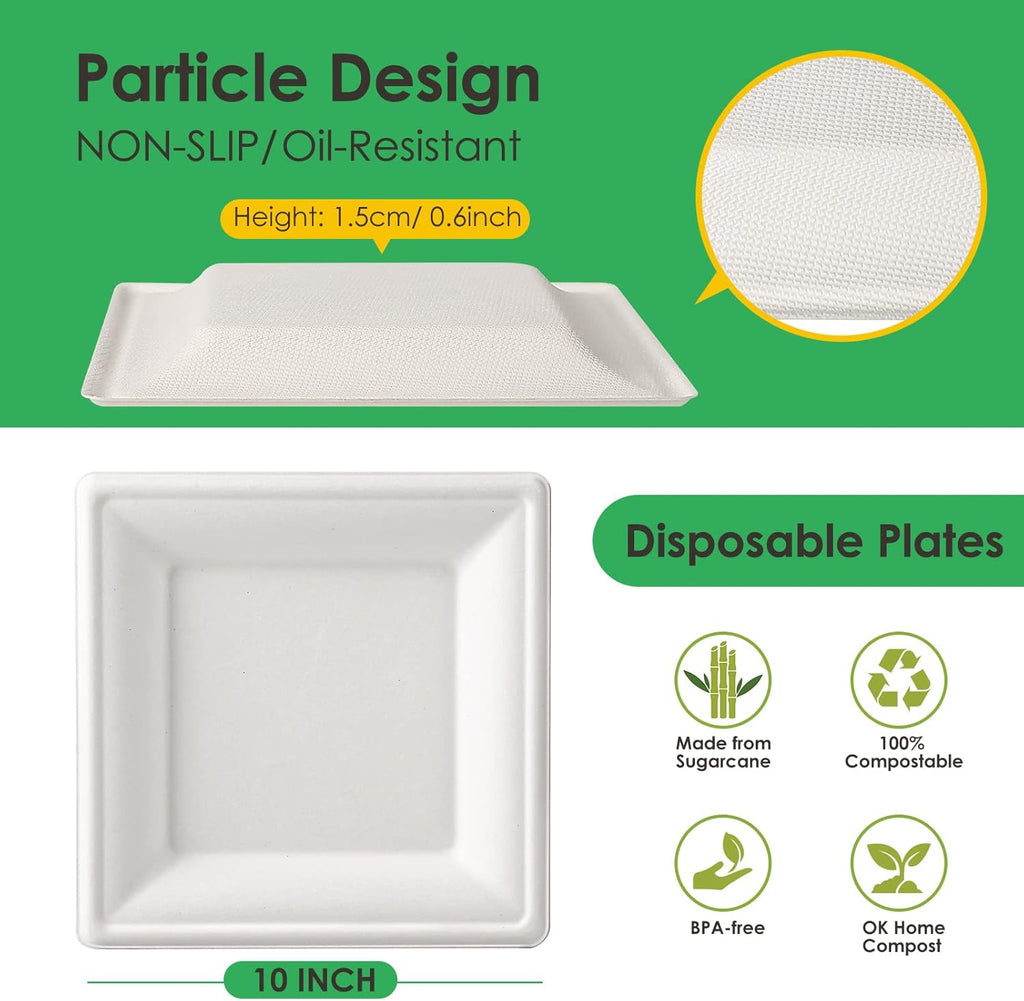 Gezond 100 Pack Compostable Square Paper Plates 10 Inch Disposable Plate Large Square Dinner Plate Biodegradable White Plates for Party