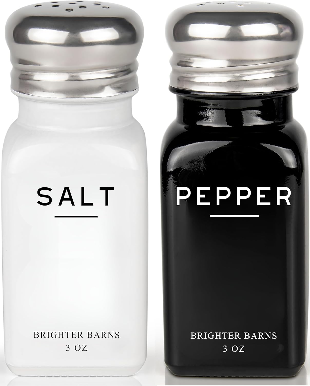 Farmhouse Salt and Pepper Shakers Set by Brighter Barns - Modern Kitchen Decor, Dining Table Countertop Accessory - Rustic, Vintage Glass Shakers with Stainless Steel Lids for Home, Restaurant