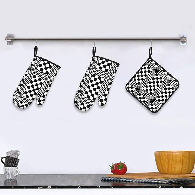 Black and White Optical Illusion Checkered Oven Mitt & Pot Holder Set - Image 2