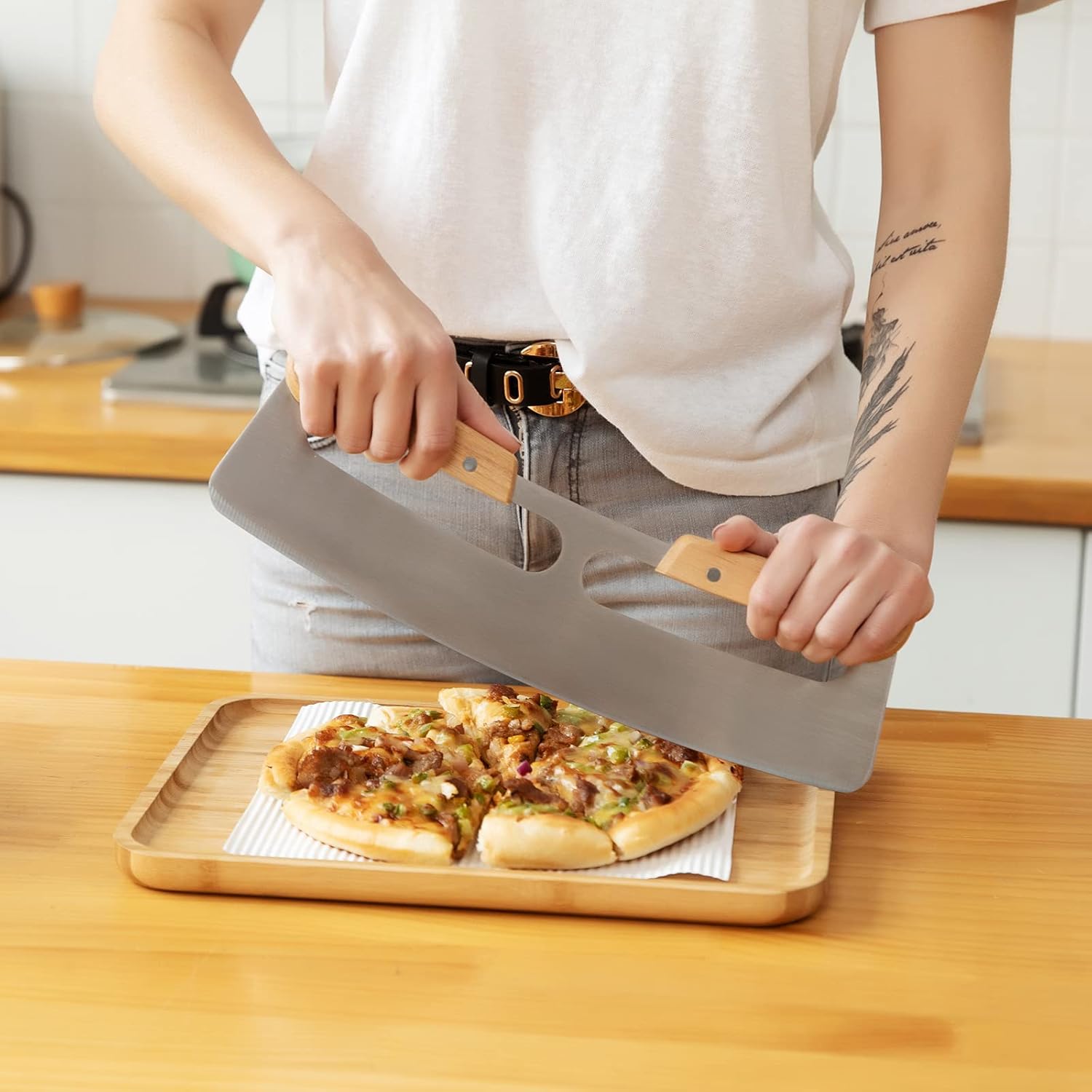Pizza Cutter Rocker with Wooden Handles & Protective Cover by Zocy, 14" Sharp Stainless Steel Pizza Slicer Wheel, Big Pizza Knife Cutters for Kitchen Tool (14inch)