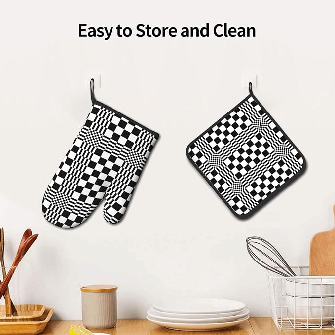 Black and White Optical Illusion Checkered Oven Mitt & Pot Holder Set - Image 5