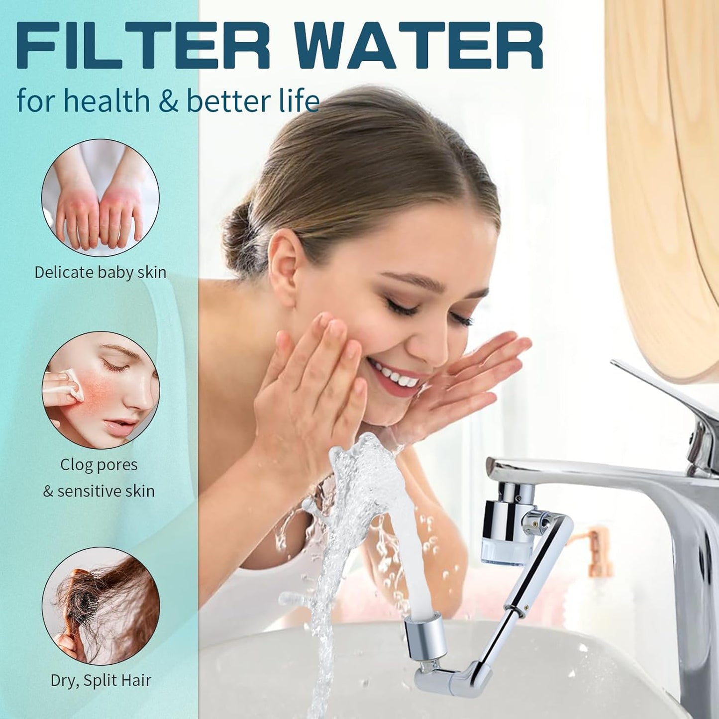 CECEFIN 1440ºSink-Water-Filter Faucet-Extender 3.0 Telescopic - Carbon Purifier Reduce 99% Chlorine, NSF Test Bathroom Kitchen Aerator, Swivel Long Arm Extension for Toddlers, Hard Water Softener