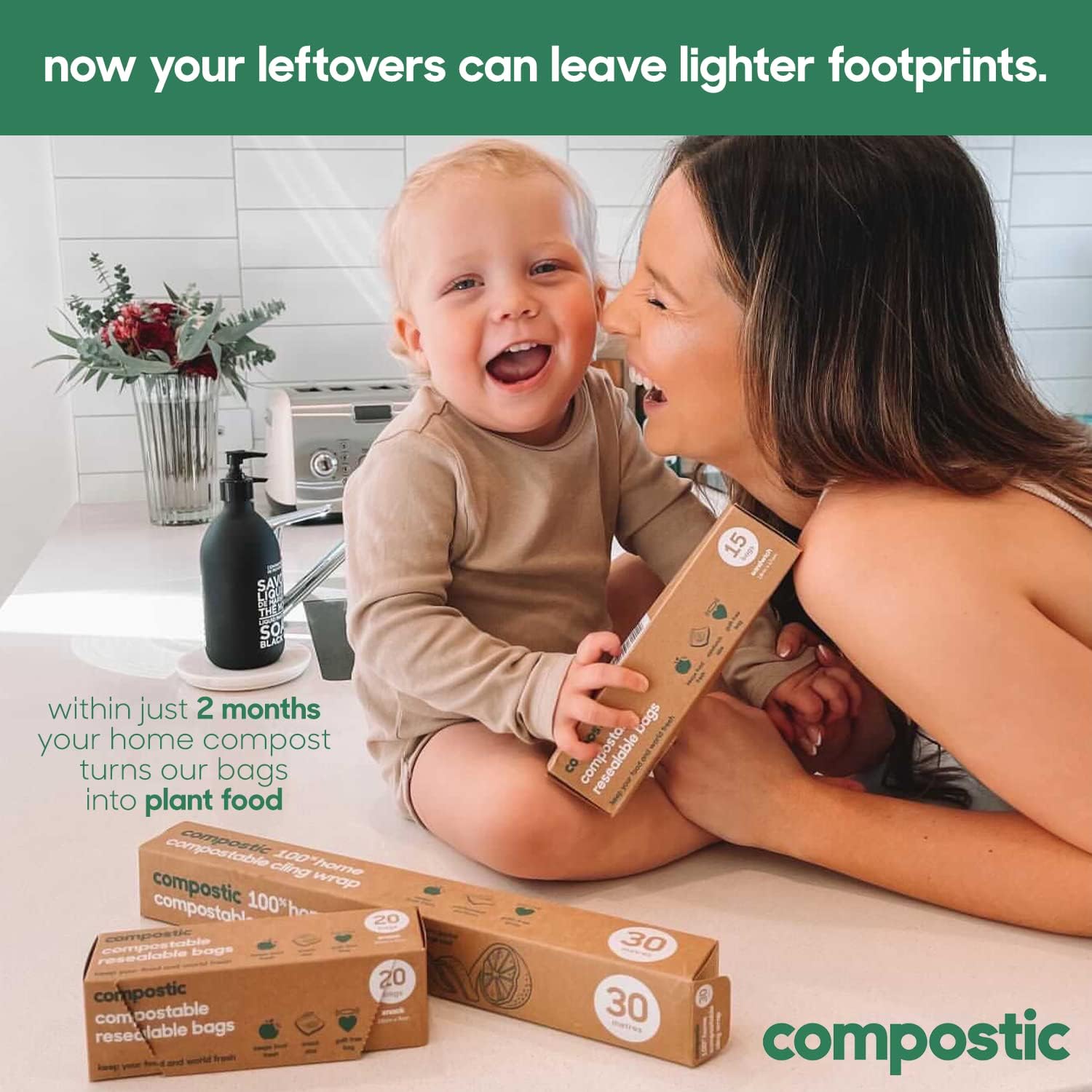 Home Compostable Resealable Sandwich Bags (7"x7"), Microwave & Freezer Safe, Organic Food Storage Container, 30 Count (Pack of 2)