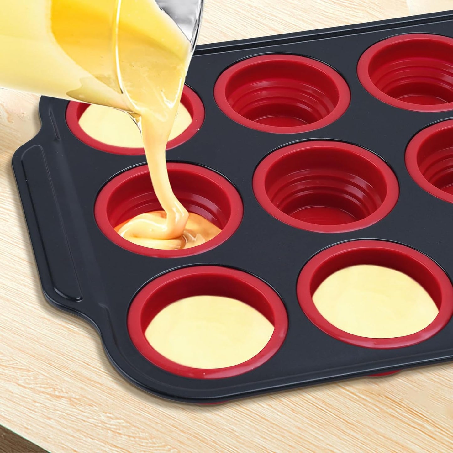 Silicone Muffin Pan, 12 Cups Cupcake Pans with Metal Frame Nonstick Muffin Tins Easy to Pop Out for Baking Cupcake Egg Bites BPA-free Cupcake Pan Mold (12 Cups-Red)