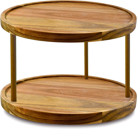 12" Two-Tier Acacia Wood Lazy Susan Organizer Kitchen Turntable for Cabinet Pantry Table Organization