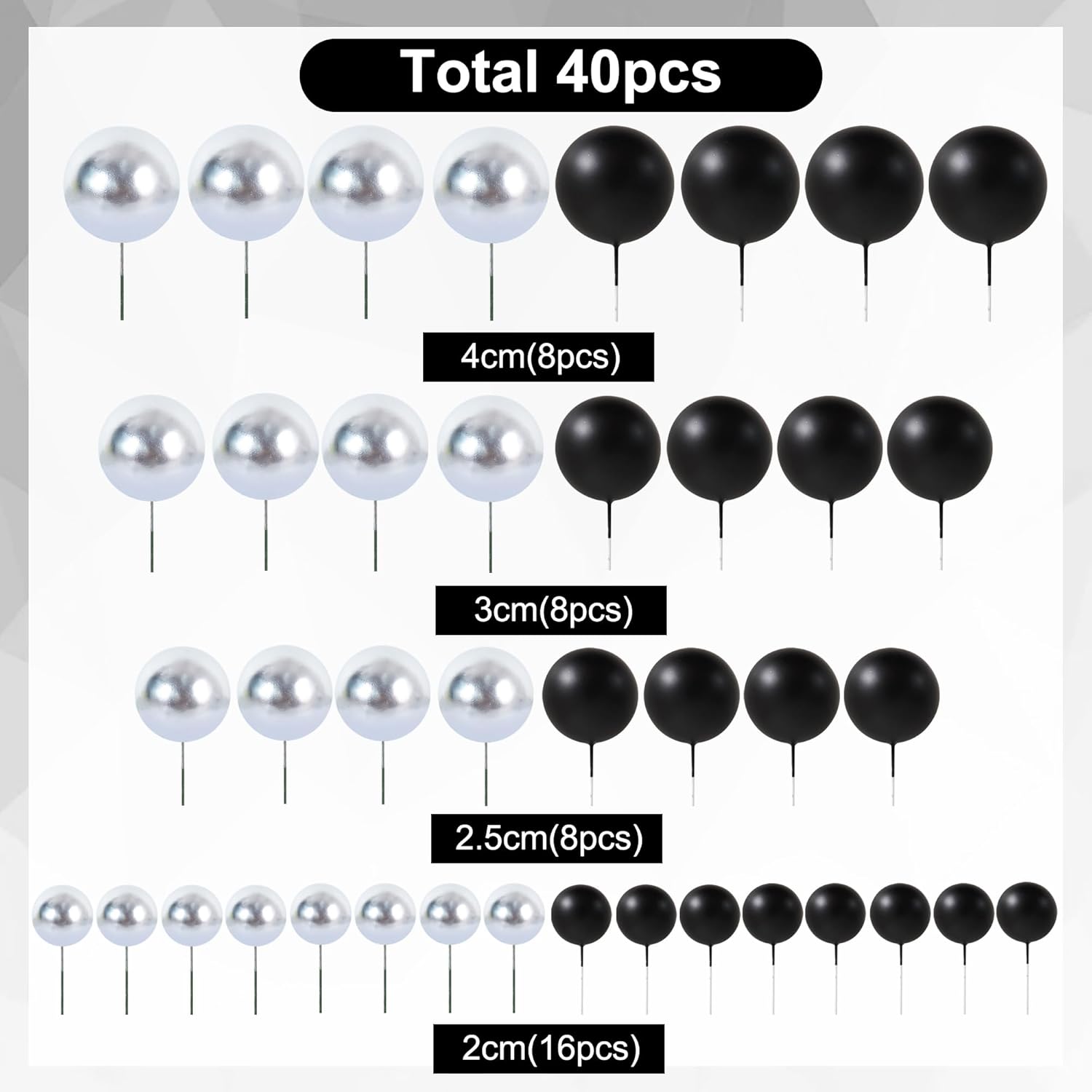 BEISHIDA 40 Pcs Ball Cake Toppers Mini Balls Cake Decorations Black Silver Foam Balls Sticks DIY Cake Topper for Baking Congrats Grade 2025 Graduation Birthday Retirement(Black Silver)