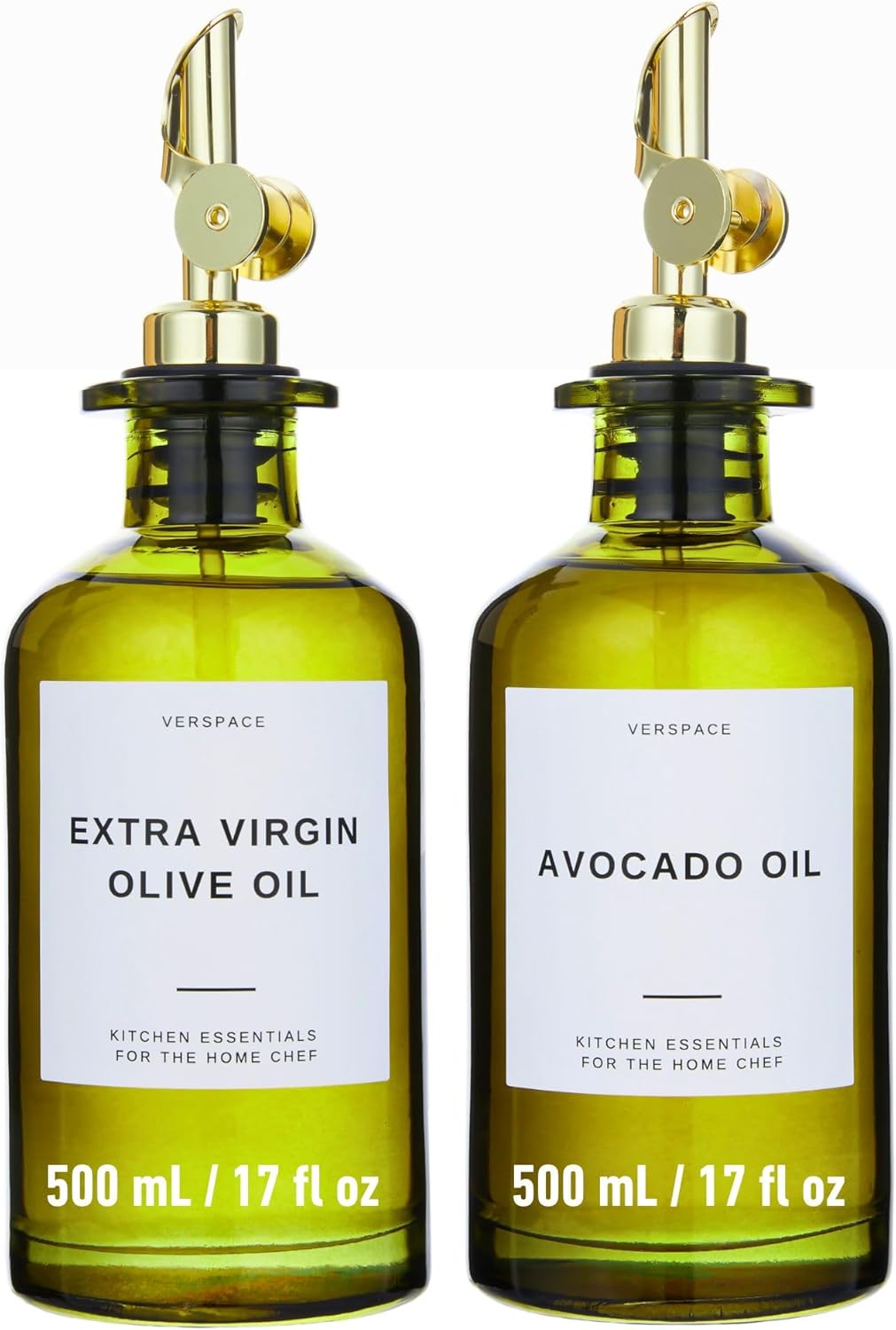 Green Glass Olive Oil Dispenser Bottle For Kitchen By Verpsace,Avocado Oil Dispenser Set, Modern Decor, Gold Kitchen Accessories for Home, Airbnb, Cafe (Gold, Set of 2)