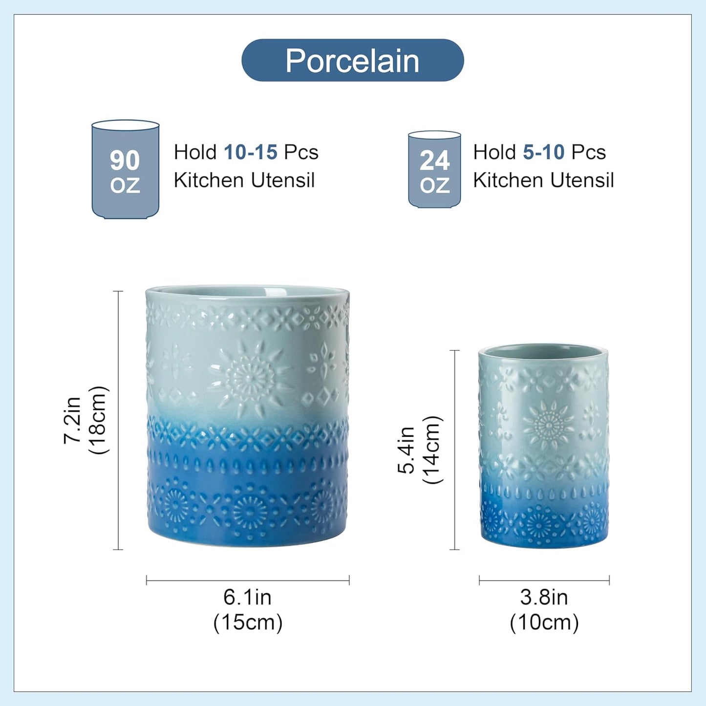 LOVECASA Utensil Holder, 7.2"+5.4" Ceramic Utensil Holder for Countertop, Large Cooking Utensil Crocks for Kitchen Counter, Farmhouse Utensil Vase for Housewarming, Kitchen Decor, Set of 2, Oceans