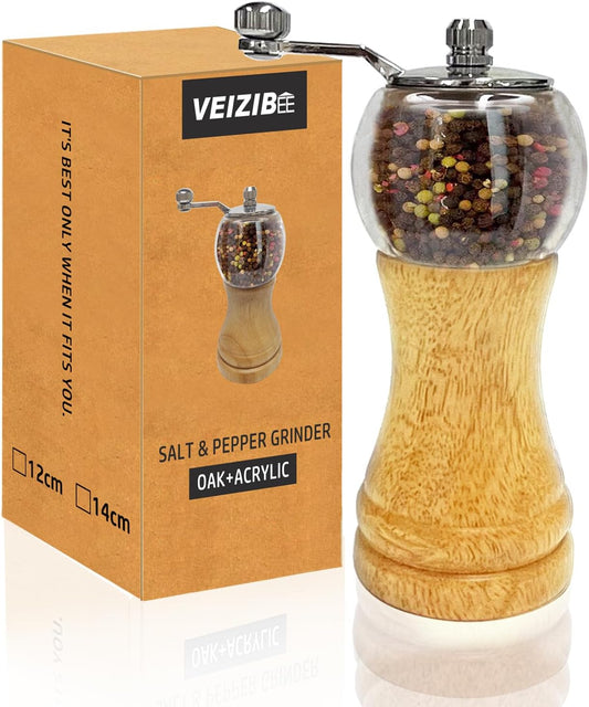 Pepper Mill Set，Manual Pepper Mills, Classical Hand Shake Wooden Pepper Grinder Set，Salt Mills，Wooden Pepper Mill，Ceramic Blades Metal Handle，Enjoy Fresh Ground Pepper (Burlywood 1pcs-6in)