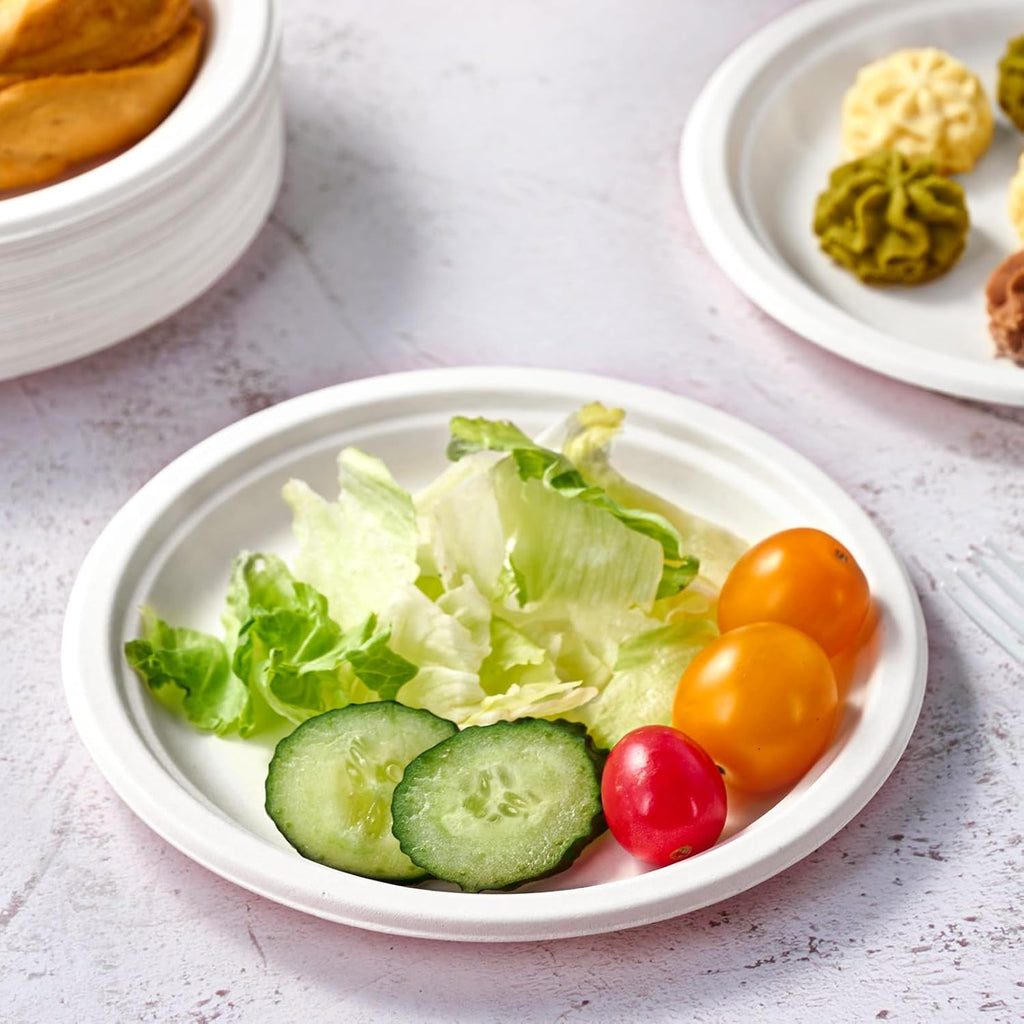 Vplus 350 Pack Paper Plates 7 inch 100% Compostable, Heavy-Duty Disposable Paper Plates Bagasse Natural Biodegradable Eco-Friendly Sugarcane(White)