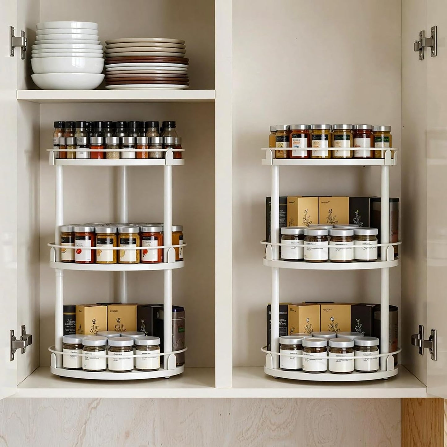 Lazy Susan Organizer, Rotating Spice Rack, 3 Tier Spice Turntable Organizer, Industrial Turntable Spice Holder, for Kitchen Countertop and Cabinet, Compact and Versatile, White SR23WW
