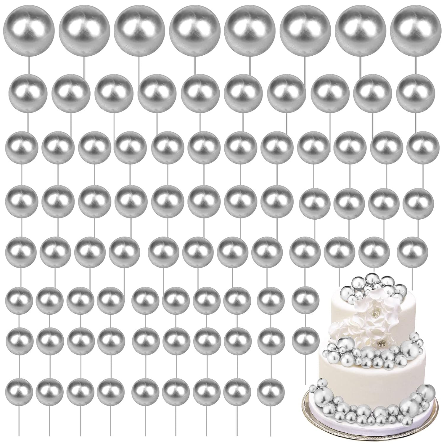 108 Pcs Balls Cake Topper DIY Cupcake Insert Foam Balloons for Cake Baking Wedding Anniversary Birthday Decoration(Silver,Multi Sizes)