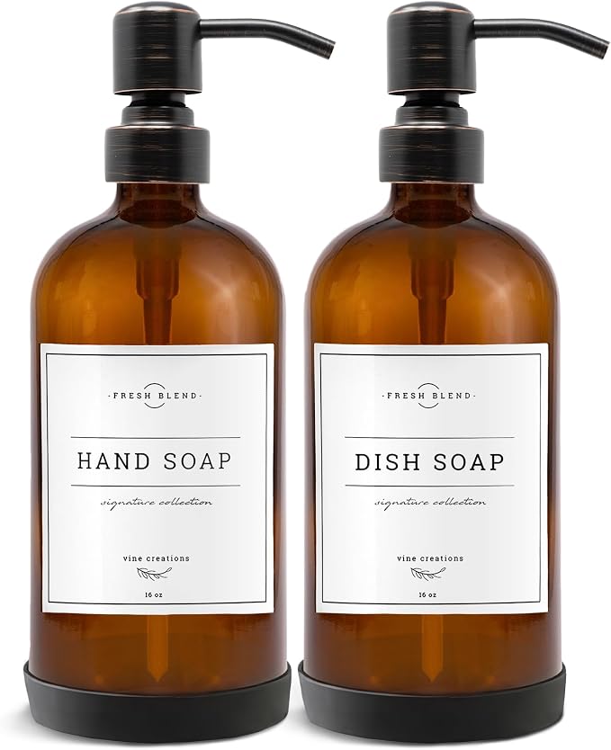 Vine Creations Amber Glass Soap Dispenser, 2 Pack Kitchen Soap Dispenser Set by VineCreations