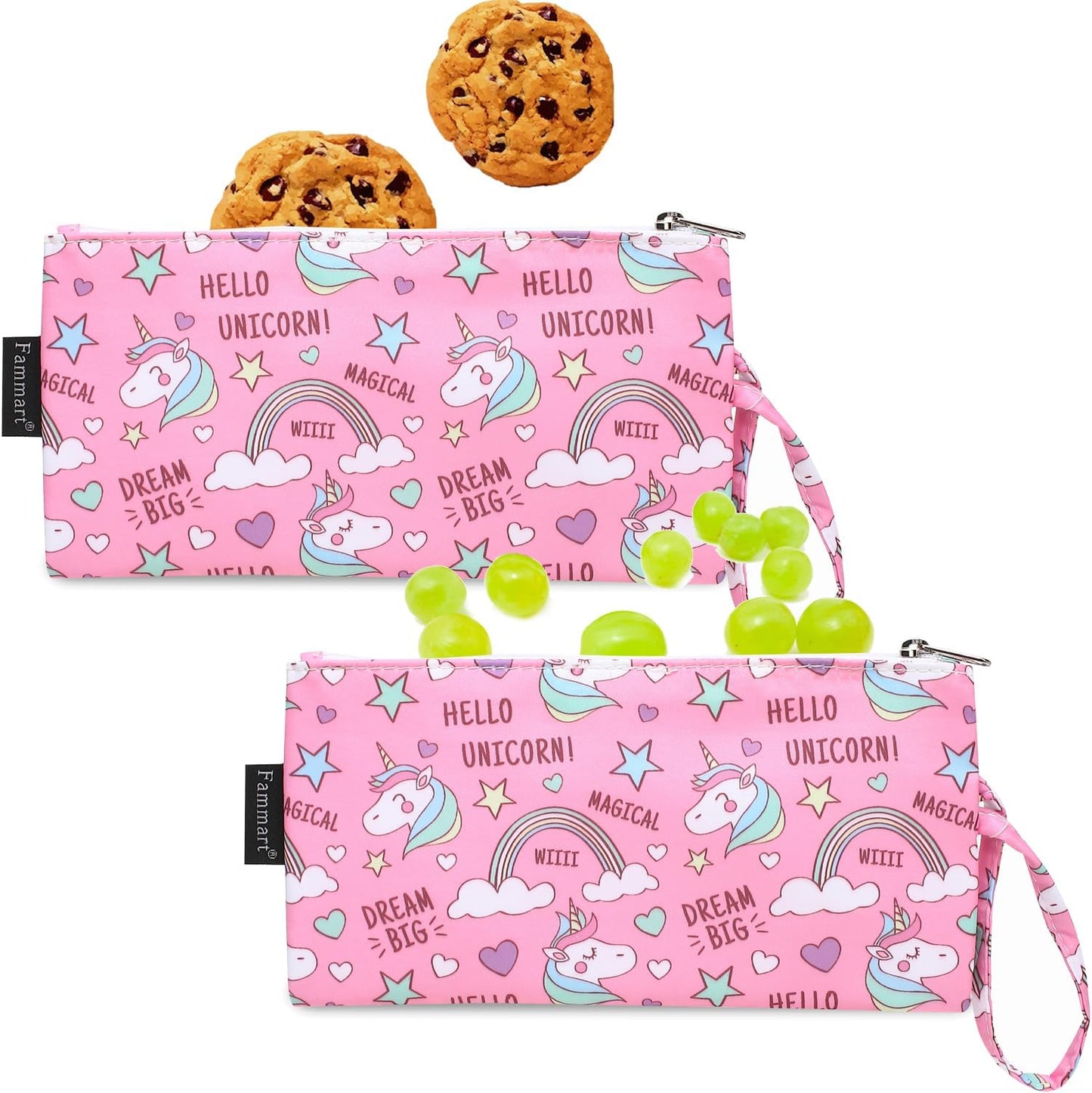 Reusable Sandwich Bag/Snack Bag for Kids & Adults, Dual Layer Lunch Bag with Handle, Washable, Food Safe, BPA Free (2-Pack, Rainbow Unicorn)