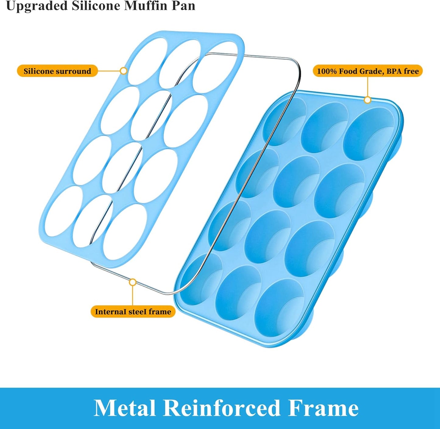 Bangp 12-Cup Silicone Muffin Pan with Metal Reinforced Frame,2 Pack Regular Size Cupcake Pan,Premium Non-Stick Bend Resistance Silicone Molds for Making Muffin,Cakes,Tart,Egg Bites (Blue)