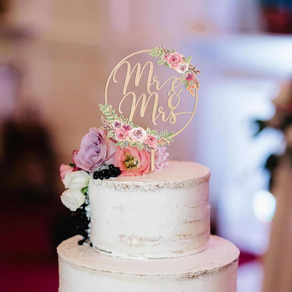 Mr & Mrs Cake Topper Floral Wedding Cake Topper in Wood (Design 01)