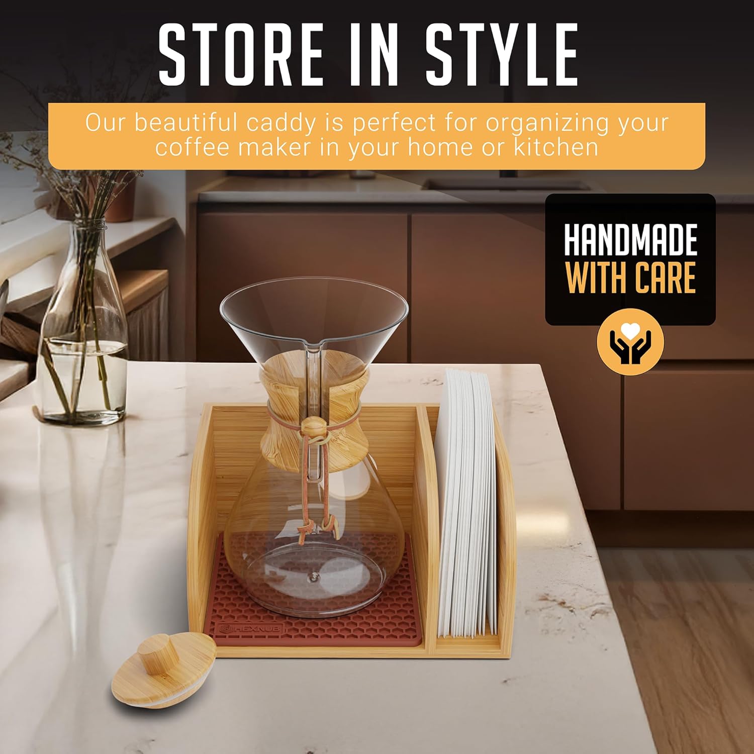 HEXNUB Caddy and Lid for Pour Over Coffee Maker, Bamboo Stand fits Chemex, Bodum, Cosori Carafes, Heatproof Mat, Filter Holder for Drip Coffee Maker - Brown Mat