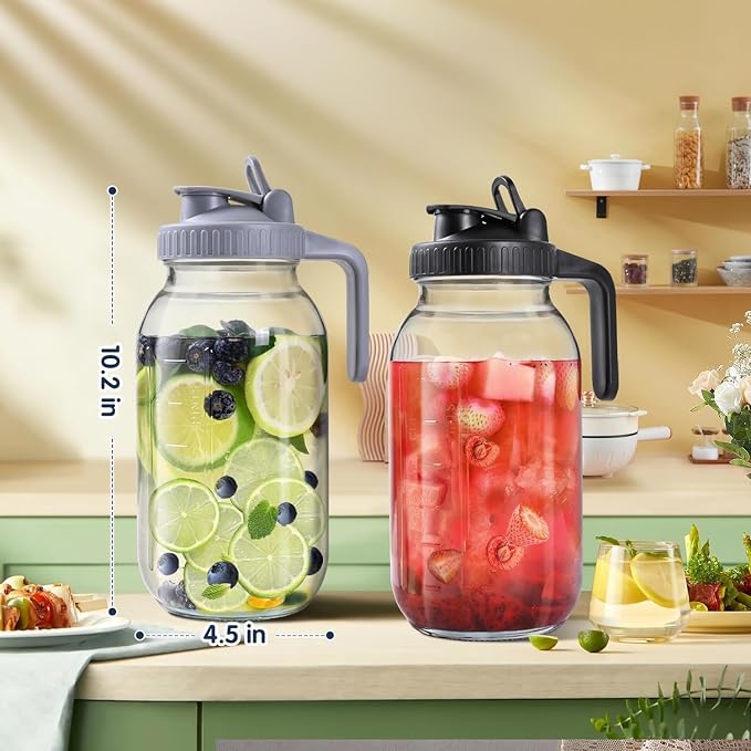 64OZ Glass Pitchers with Lid, Wide Mouth Water Jugs, Leak-Proof Airtight Mason - Image 2