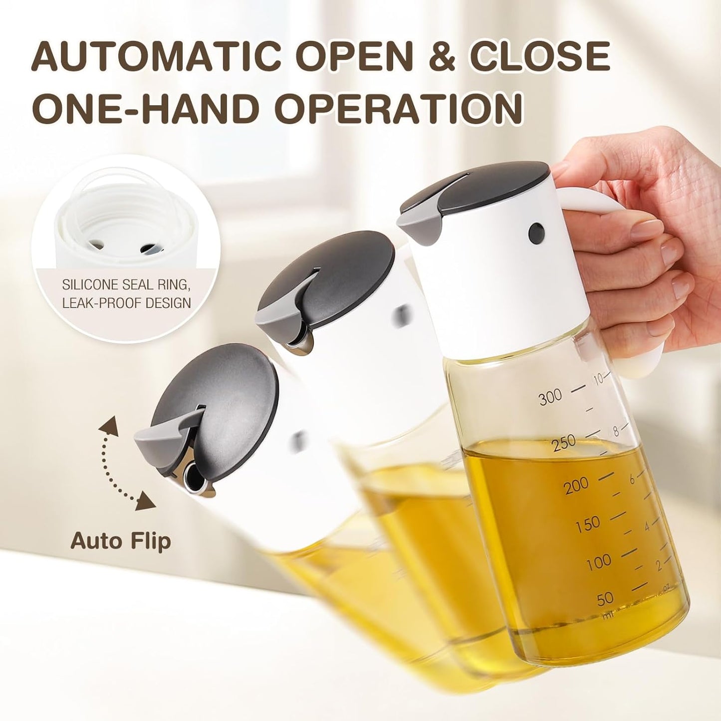 Vucchini Oil Dispenser Olive Oil Dispenser Bottle Set 10 oz for Kitchen Cooking - Auto Flip Condiment Container With Leakproof Vinegar Glass Cruet Non-Drip Spout