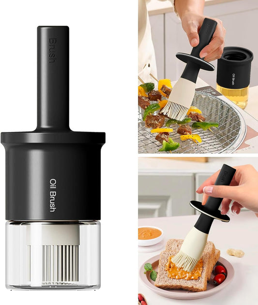 YARRAMATE 300ml /10oz Oil Dispenser with Brush - Glass Oil Bottle for Kitchen with Silicone Heat Resistant Basting Brush - Cooking Brush for Vinegar Sauce BBQ Grill Frying - Black