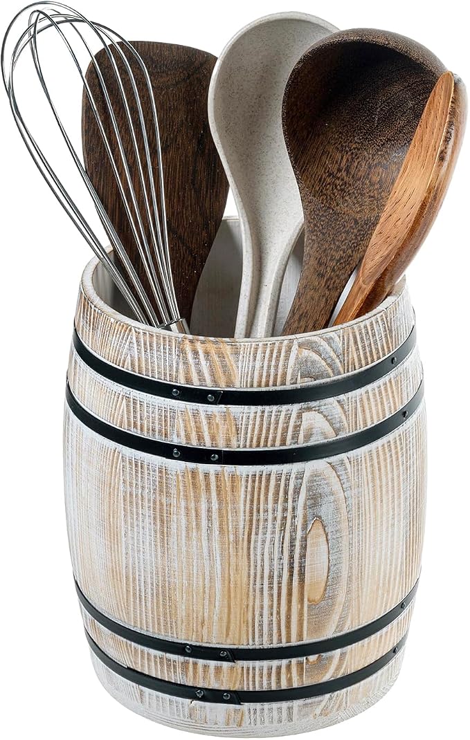 MyGift Wine Barrel Design Kitchen Utensil Holder Crock, Vintage White Washed by MyGiftHome