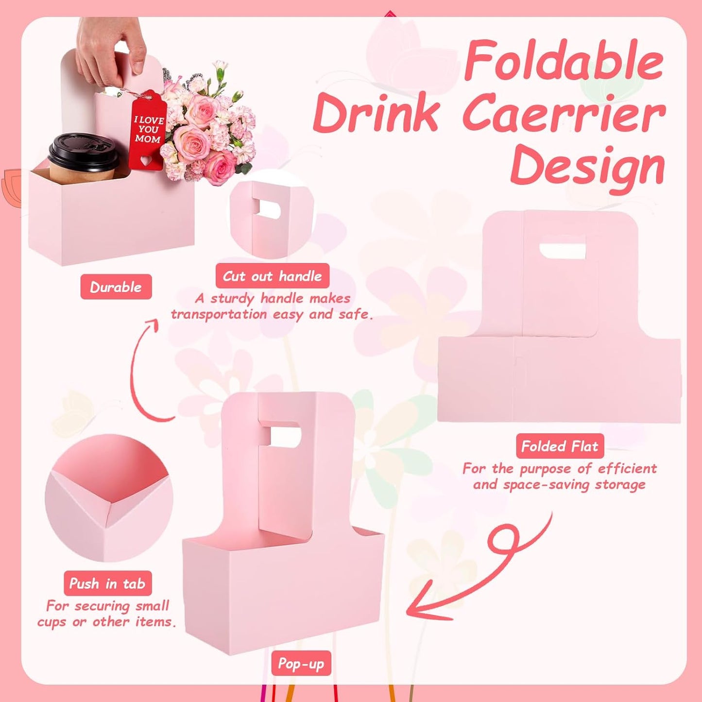 10 Pack 2 Cup Disposable Pink Drink Carrier with Handle Paperboard Coffee Cup Holder Portable for Hot Cold Drinks Food Delivery Services with Heart Card for Teacher Appreciation Week Mother's Day