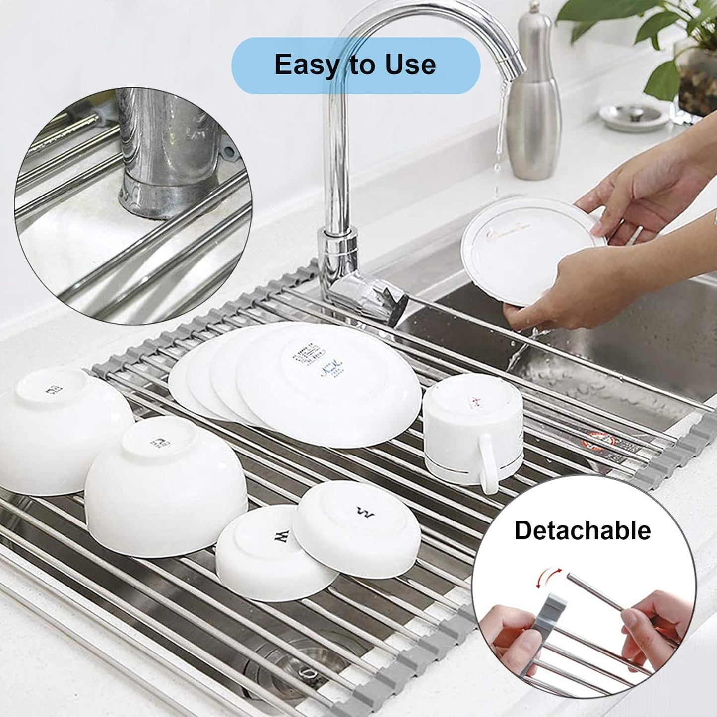 Searik Over The Sink Dish Drying Rack, Roll up Sink Dish Drainer Rack Foldable Kitchen Stainless Steel Dish Rack Sink Drying Rack (17.7"x 11.8")