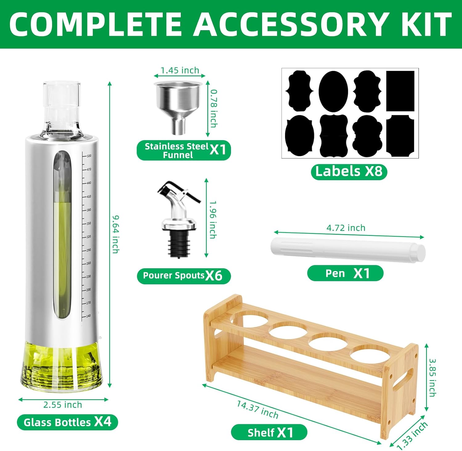 Oil Dispenser Bottle, 4 Pack Glass Olive Oil Dispenser Bottle with Shelf, 17oz/500 ml Oil and Vinegar Dispenser Set Wrapped in Stainless Steel Shell with Pourers, Funnel & Pen and Tags